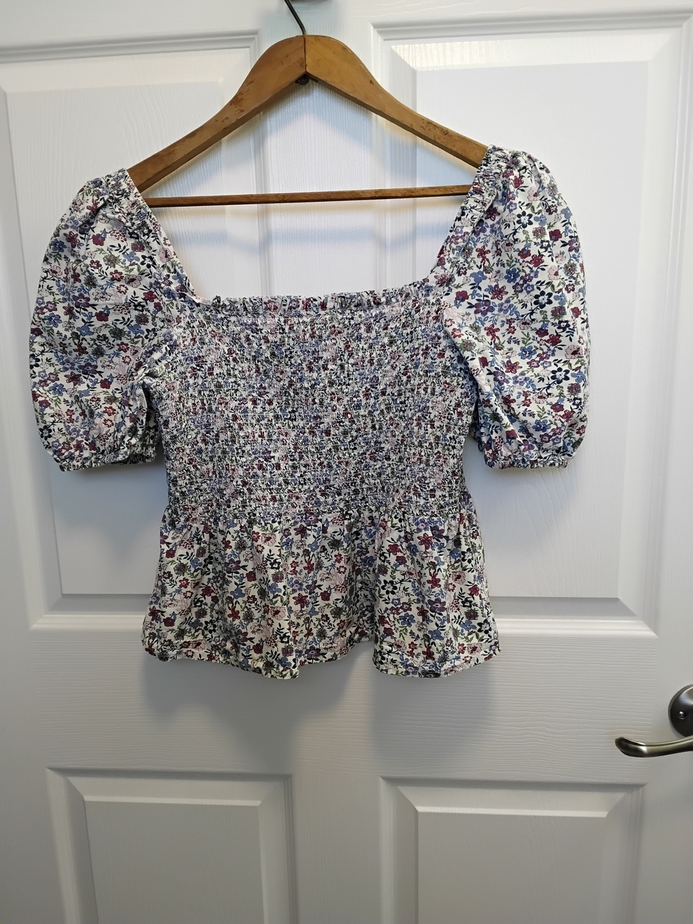 French Connection White Floral Smocked Peplum Top
